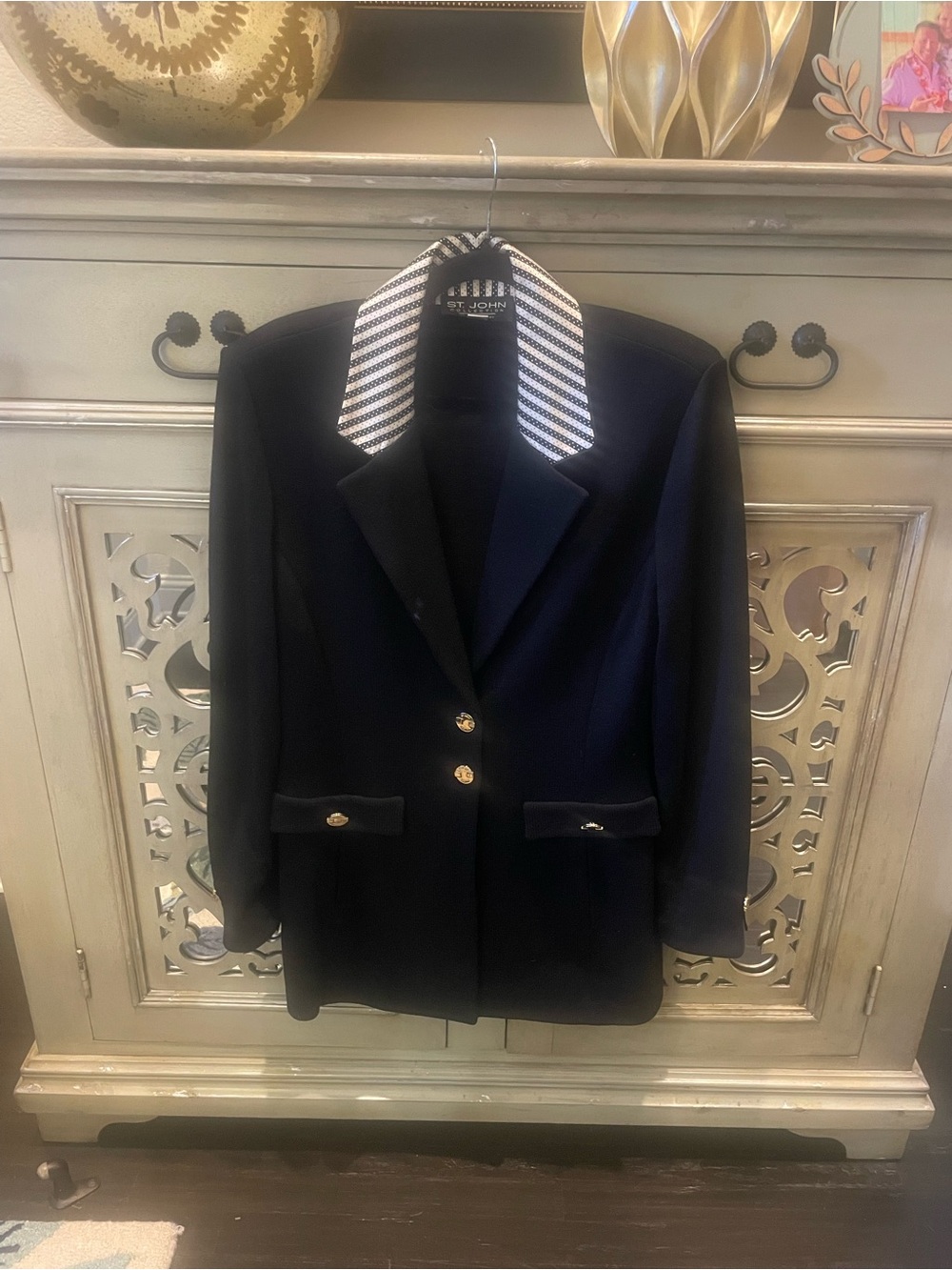 St. John Navy Blazer with Striped Contrast Collar